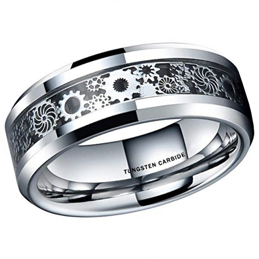 Mens Tungsten Wedding Band 8mm. Wedding Band Silver Mechanical Gears Over Black.